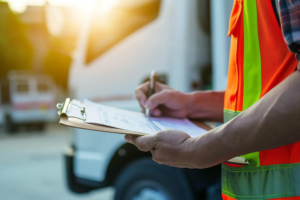 Ouvrier en gilet haute visibilité tenant un clipboard près d’un camion lors d’une livraison