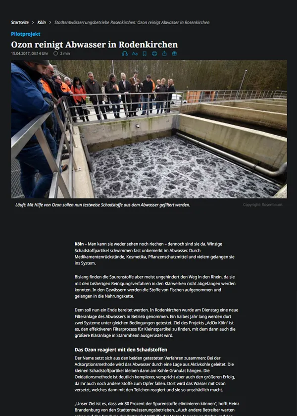 Article du Kölnische Rundschau : Pilotprojekt – Ozon reinigt Abwasser in Rodenkirchen [en allemand]