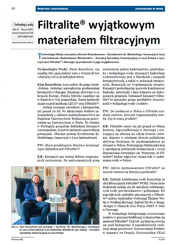 Article dans Technologia Wody : Filtralite® wyjątkowym materiałem filtracyjnym [en polonais]