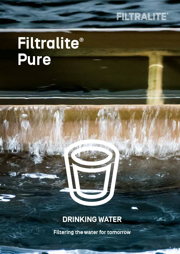 Cover of the Filtralite Pure brochure showing flowing water. Text reads “Filtralite Pure – Drinking Water – Filtering the water for tomorrow” with the Filtralite logo.
