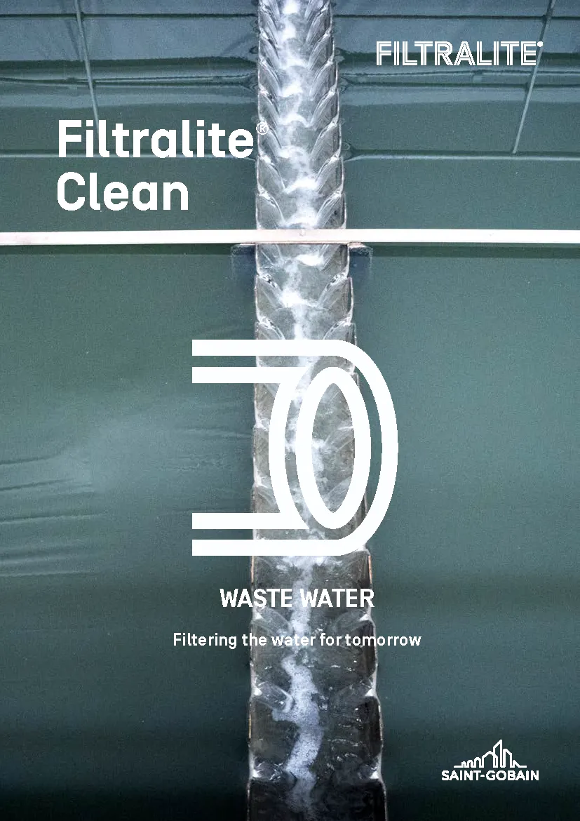 Cover of the Filtralite Clean brochure showing a water treatment process with clear flowing water and a white Filtralite Clean symbol. Text reads “Filtralite Clean – Waste Water – Filtering the water for tomorrow”