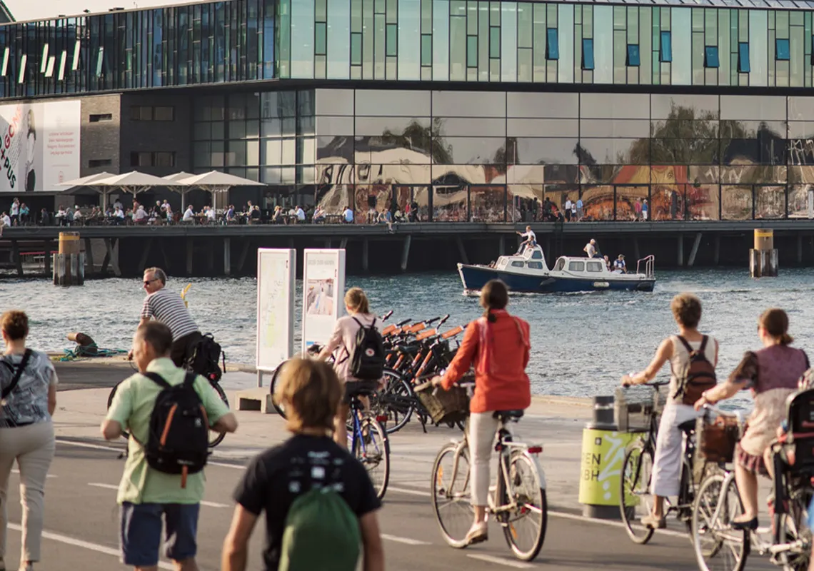 Cyclists riding along a waterfront in a city