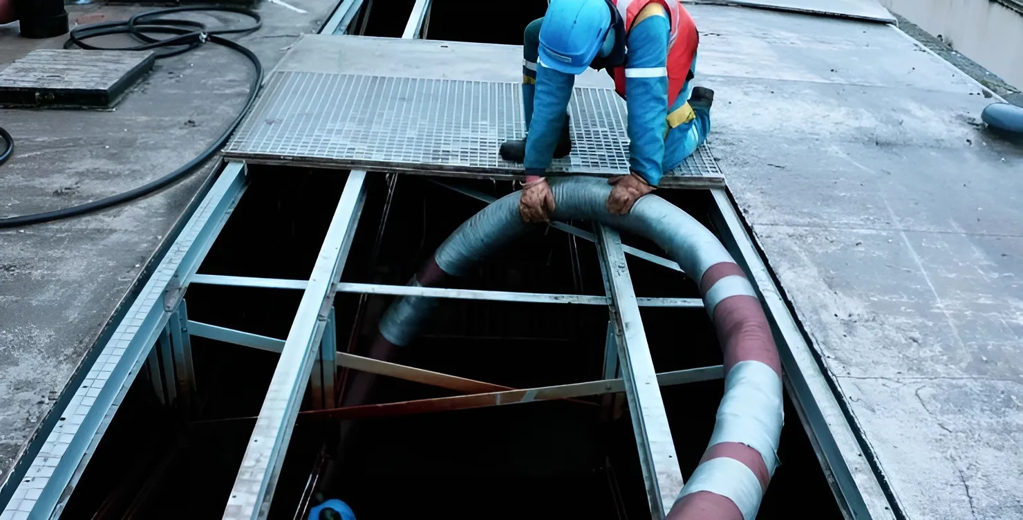 Un opérateur équipé de protections installe le média filtrant Filtralite à l’aide d’un tuyau à l’usinedes Ponts de Cé