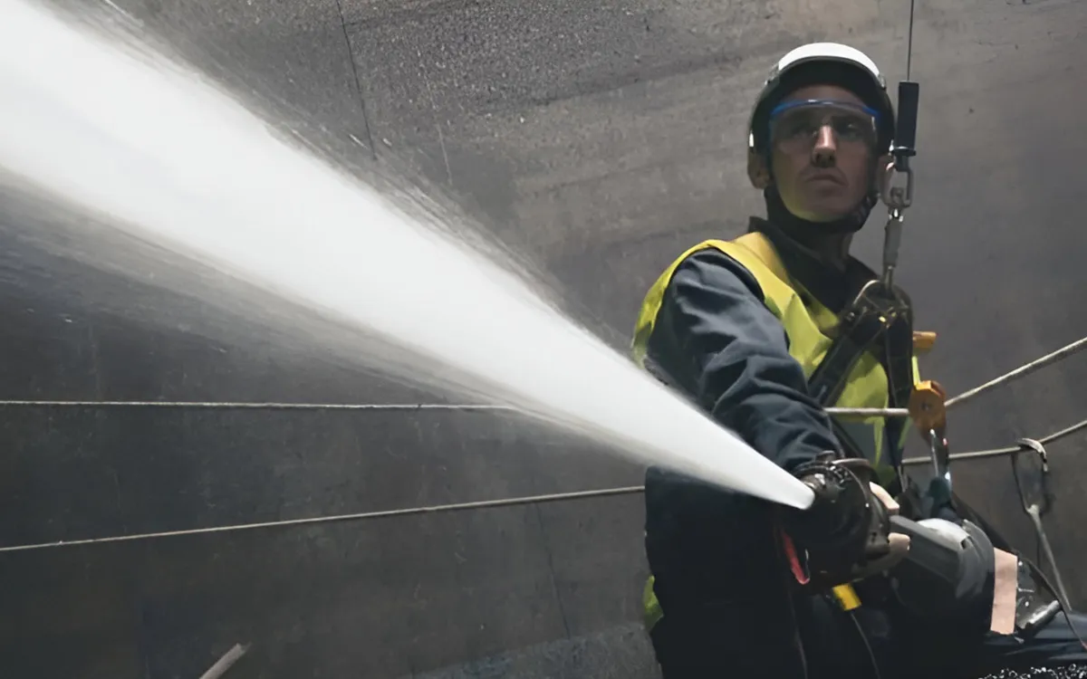 Opérateur dans une cuve de traitement avec un jet d’eau à haute pression