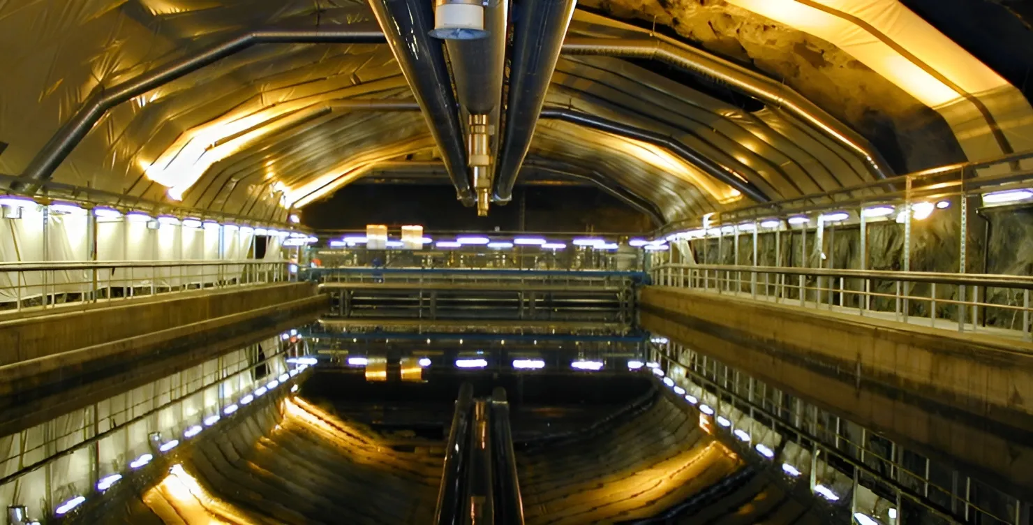 Vue intérieure de la station d'épuration de Bekkelaget en Norvège, montrant une salle de filtrationsouterraine ressemblant à une grotte, avec une surface d’eau réfléchissante et des canalisations au plafond