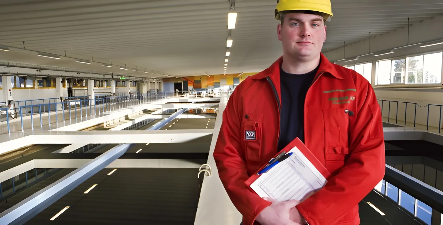 Un opérateur dans le hall de filtration de l’usine d’eau potable de Fredrikstad, avec de grandsbassins de filtration en arrière-plan