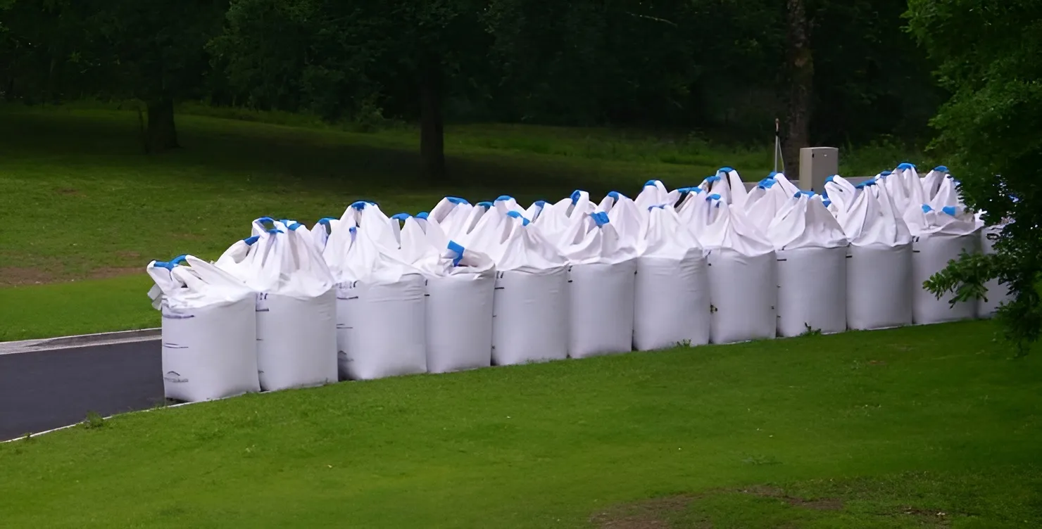 Plusieurs big bags blancs de média filtrant Filtralite alignés sur une aire pavée près d’un champherbeux