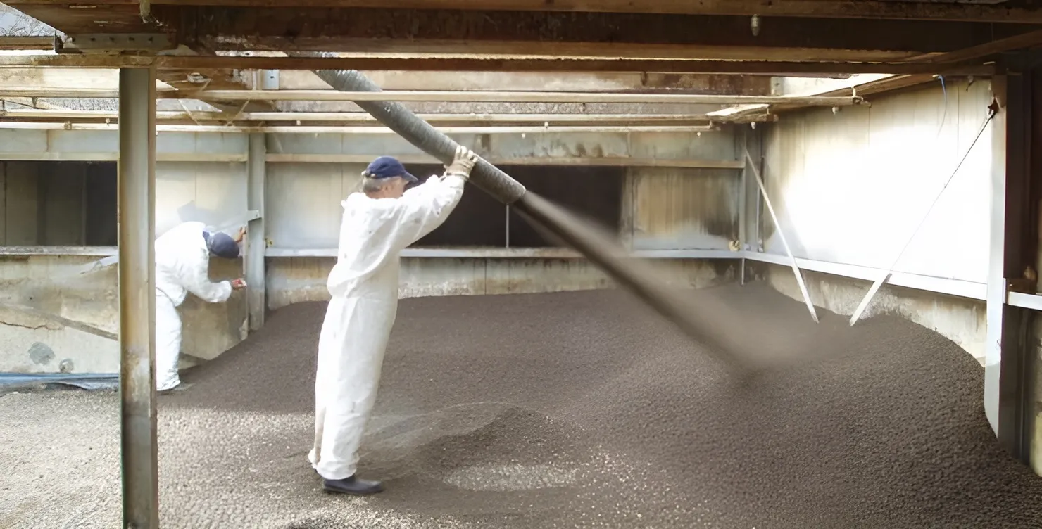 Workers in protective clothing installing Filtralite Air filter media using a blower hose inside a purification system at Novozymes’ facility