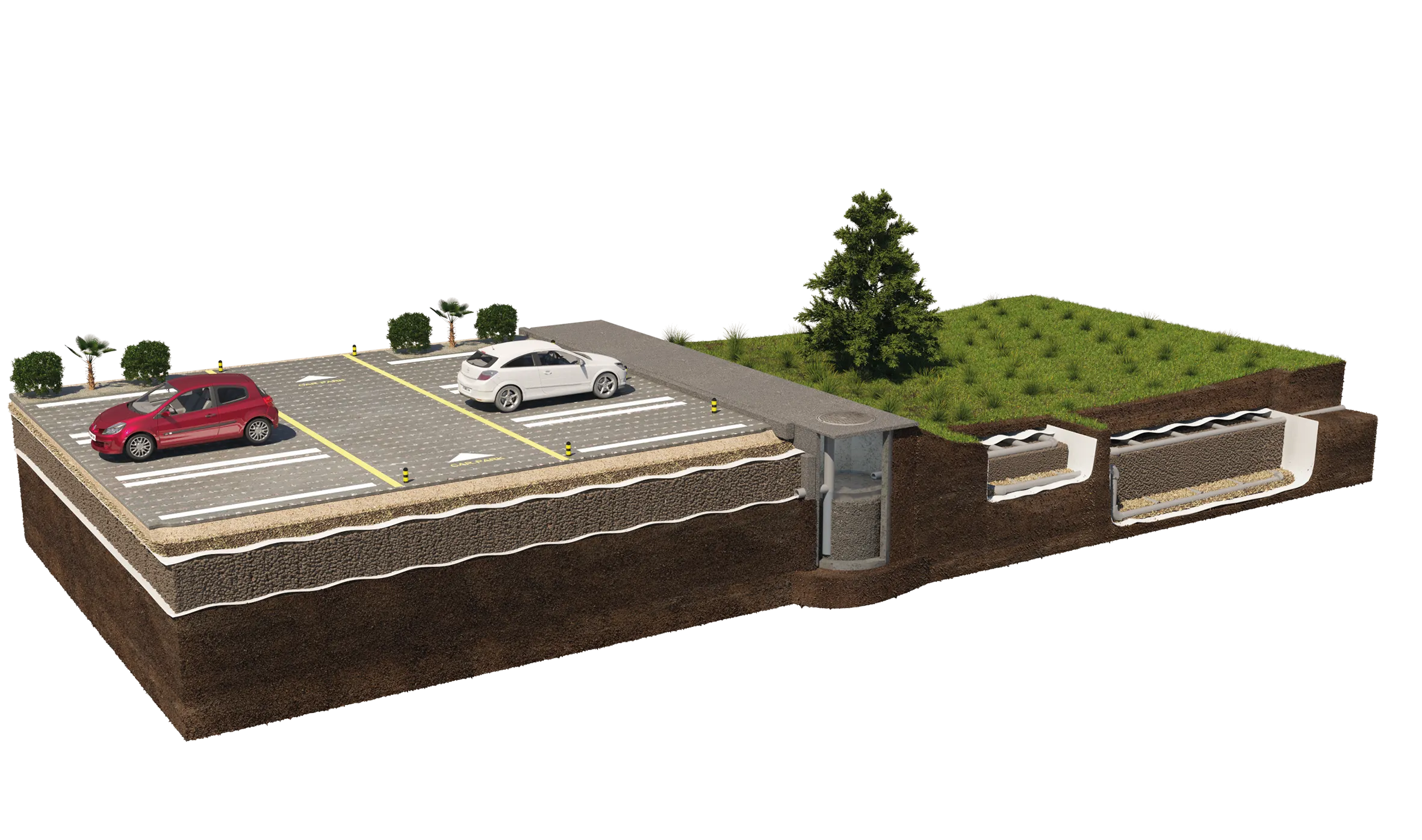 3D cross-sectional illustration of a combined stormwater filtration and retention system under a parking area and green space