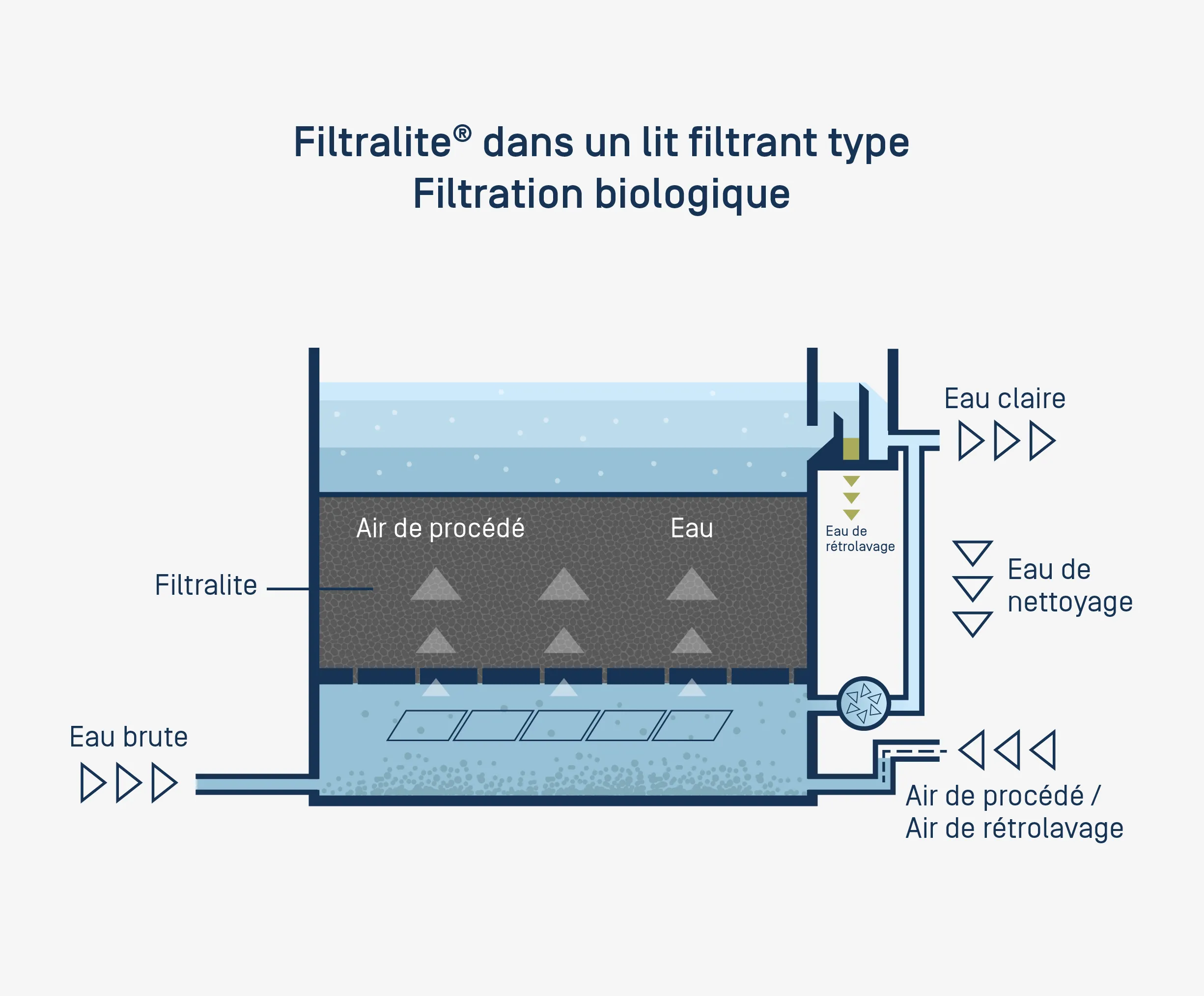 Schéma d’un lit de filtration biologique utilisant Filtralite pour le traitement des eaux usées